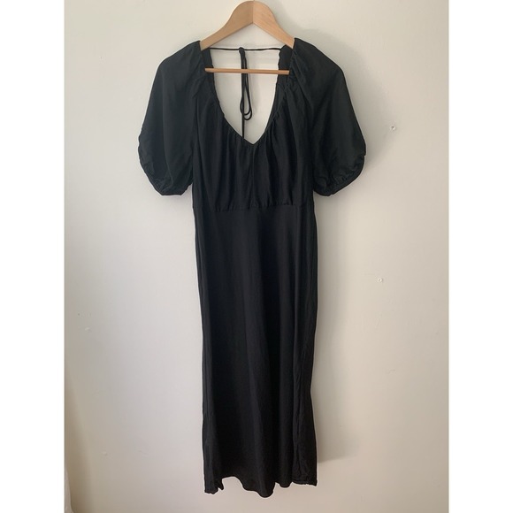 Banana Republic Dresses & Skirts - Banana Republic Viscose Linen Midi/Maxi Black Dress 12 Puff Sleeve Silky Tie